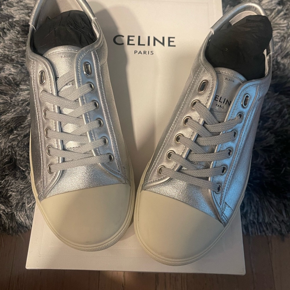 Celine Blank Metallic Silver Canvas And Leather Toe Cap Low Top Sneakers